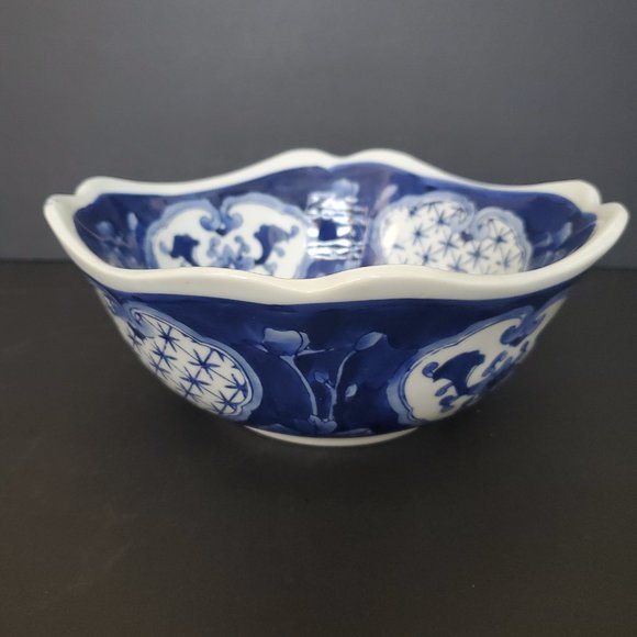 Rare Vintage Chinese Blueware Asian Porcelain Square Bowl Brocade Floral 7.5"W - Picture 3 of 8